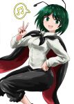  1girl :d antennae black_cape black_footwear black_pants breasts cape chups feet_out_of_frame green_eyes green_hair highres long_sleeves looking_at_viewer medium_breasts musical_note nail_polish open_mouth pants red_nails shirt short_hair smile solo spoken_musical_note touhou v white_background white_shirt wriggle_nightbug 