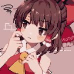  1girl ahiru_tokotoko ascot bangs bow brown_background brown_eyes brown_hair closed_mouth eyebrows_visible_through_hair hair_bow hakurei_reimu looking_to_the_side pixel_art red_bow red_shirt shirt short_hair sidelocks simple_background solo squiggle touhou upper_body yellow_ascot 