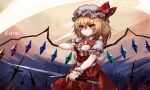  1girl absurdres ascot blonde_hair crystal fang fang_out flandre_scarlet frilled_shirt_collar frills full_moon hair_between_eyes hat hat_ribbon highres holding holding_sword holding_weapon looking_ahead mob_cap moon puffy_short_sleeves puffy_sleeves red_eyes red_ribbon red_skirt red_vest ribbon shirt short_sleeves skirt skirt_set smile solo sword top-exerou touhou vest weapon white_shirt wings wrist_cuffs 
