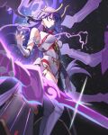  1girl absurdres arm_garter armor bangs boots breasts closed_mouth electricity genshin_impact glowing glowing_sword glowing_weapon headgear highres honlo japanese_armor japanese_clothes kusazuri long_hair medium_breasts mitsudomoe_(shape) mole mole_under_eye nail_polish purple_hair purple_legwear purple_nails raiden_shogun simple_background solo sparkle sword tassel thigh_boots tomoe_(symbol) violet_eyes weapon 