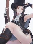  02twwo 1other absurdres androgynous ascot asymmetrical_sleeves black_hair boots buttons fingerless_gloves gloves guilty_gear guilty_gear_strive hat highres legs long_hair looking_at_viewer red_eyes straight_hair testament_(guilty_gear) thighs top_hat 