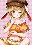  1girl animal_ears bangs blonde_hair blush breasts brown_headwear cabbie_hat closed_mouth clothes_lift collarbone eyebrows_visible_through_hair flat_cap floppy_ears frilled_shirt frilled_shorts frills hat highres indian_style looking_at_viewer midriff moon_rabbit navel one-hour_drawing_challenge one_eye_closed orange_shirt pink_background rabbit_ears red_eyes ringo_(touhou) ruu_(tksymkw) shirt shirt_lift short_hair short_sleeves shorts sitting small_breasts smile stomach striped striped_shorts tongue touhou yellow_shorts 