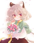  1girl animal_ears bangs biyon black_skirt blush bouquet capelet commentary commission eyebrows_visible_through_hair flower gradient_eyes green_capelet grey_hair hair_between_eyes holding holding_bouquet long_sleeves looking_at_viewer mouse_ears mouse_tail multicolored_eyes nazrin orange_eyes petals ribbon shirt short_hair signature skeb_commission skirt smile solo tail touhou tulip violet_eyes white_shirt yellow_ribbon 