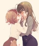  2girls bangs black_skirt blurry blurry_foreground blush breasts brown_hair brown_skirt closed_eyes closed_mouth facing_another grey_sweater hands_on_another&#039;s_cheeks hands_on_another&#039;s_face high-waist_skirt large_breasts long_hair long_sleeves multiple_girls nu_tarou_(tr84635391) original petals short_hair sidelocks simple_background skirt small_breasts smile sweater sweater_tucked_in tearing_up turtleneck turtleneck_sweater white_sweater yellow_background yellow_eyes yuri 