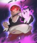  1boy absurdres cosplay family_guy fire glowing glowing_eyes grin highres jewelry kowai_(iamkowai) one_eye_covered peter_griffin purple_fire pyrokinesis red_eyes redhead ring smile the_king_of_fighters yagami_iori yagami_iori_(cosplay) 