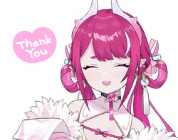  1girl bangs chinese_clothes cleavage_cutout closed_eyes clothing_cutout dragon_girl dragon_horns fur_trim horns indie_virtual_youtuber jacket long_hair low_twintails natsuiro_xx pink_jacket pinky_(vtuber) sleeves_past_wrists thank_you thick_eyebrows twintails upper_body virtual_youtuber white_background 