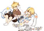  1boy 1girl aether_(genshin_impact) blonde_hair braid braided_ponytail brother_and_sister contemporary flower foot_on_face genshin_impact hair_flower hair_ornament handheld_game_console highres lumine_(genshin_impact) paimon_(genshin_impact) pillow playstation_vita siblings snack teasing thigh-highs tongue tongue_out twins z.s.w. 