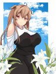  1girl alternate_costume black_dress black_ribbon blue_sky blush breasts brown_eyes clouds cloudy_sky dress dress_shirt eyebrows_visible_through_hair flower hair_between_eyes hair_ribbon heterochromia highres kantai_collection large_breasts light_brown_hair long_hair long_sleeves looking_at_viewer montemasa murasame_(kancolle) murasame_kai_ni_(kancolle) outdoors red_eyes ribbon shirt sky smile solo two_side_up 