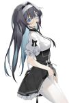  1girl absurdres bangs black_bow black_hair black_ribbon black_skirt blue_eyes bow breasts chinese_commentary choker clothes_lift colored_inner_hair commentary_request hair_between_eyes hair_intakes head_tilt high-waist_skirt highres indie_virtual_youtuber kuo_(kuo114514) linlll_(vtuber) long_hair looking_at_viewer medium_breasts mouth_hold multicolored_hair neck_ribbon pantyhose puffy_short_sleeves puffy_sleeves ribbon second-party_source shirt short_sleeves simple_background sitting skirt skirt_hold solo suspender_skirt suspenders virtual_youtuber white_background white_legwear white_shirt 