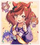  &gt;_&lt; 4girls ahoge animal_ears bangs blue_hair blush brown_hair chibi chibi_inset confetti ear_covers glasses horse_ears ikuno_dictus_(umamusume) long_sleeves looking_at_viewer matikane_tannhauser_(umamusume) multicolored_hair multiple_girls nice_nature_(umamusume) nose_blush nu_tarou_(tr84635391) open_mouth orange_hair party_popper purple_shirt purple_skirt raised_eyebrows redhead round_eyewear sailor_collar school_uniform sharp_teeth shirt shoulder_sash skirt smile solo_focus streaked_hair sweatdrop teeth tracen_school_uniform twin_turbo_(umamusume) twintails umamusume 