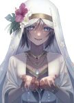  1girl bangs black_hair blue_eyes bracelet dress flower hair_between_eyes highres jewelry leaf long_sleeves looking_at_viewer mole mole_under_mouth necklace open_mouth original otoma_safu pink_flower short_hair smile solo veil water wet white_dress white_flower 