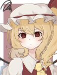  1girl ascot bangs blonde_hair closed_mouth eyebrows_visible_through_hair flandre_scarlet frown hair_between_eyes hat hat_ribbon highres looking_at_viewer mob_cap pipita puffy_short_sleeves puffy_sleeves red_eyes red_vest ribbon shirt short_sleeves solo squiggle touhou upper_body vest white_background white_headwear white_shirt wings 