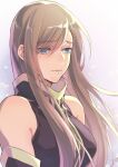  1girl bare_shoulders blue_eyes breasts brown_hair closed_mouth detached_sleeves dress eyes_visible_through_hair hair_over_one_eye high_collar isa_(peien516) large_breasts long_hair sleeveless sleeveless_dress solo tales_of_(series) tales_of_the_abyss tear_grants tears upper_body 