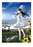  1girl black_hair brown_eyes cloud clouds dress long_hair smile summer_dress sunflower sunflowers tagme water yoshizuki_kumichi 