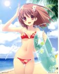  00s 1girl 2008 beach beach_umbrella bikini cleavage cloud cute day floral_print flyable_heart inaba_yui innertube ito_noizi long_hair navel ocean official_art open_mouth outdoors palm_tree red_eyes redhead sand sky smile solo summer swimsuit tagme umbrella 