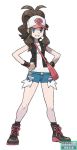  blue_eyes boots brown_hair curly_hair cutoffs denim denim_shorts female hands_on_hips hat jpeg_artifacts official_art pokemon pokemon_(game) pokemon_black_and_white pokemon_bw ponytail purse ripped_jeans short_shorts shorts smile sugimori_ken tank_top touko_(pokemon) vest watermark wristband zipper 