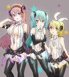  alice-yuki cosplay elbow_gloves gloves hatsune_miku hatsune_miku_(append) kagamine_rin megurine_luka megurine_luka_(append) miku_append miku_append_(cosplay) multiple_girls navel necktie thigh-highs thighhighs vocaloid vocaloid_append 