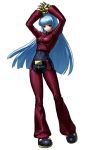  1girl arms_up bangs belt blue_hair chaps eisuke_ogura full_body king_of_fighters king_of_fighters_xiii kula_diamond long_hair long_sleeves medium_breasts official_art ogura_eisuke red_eyes simple_background snk solo standing white_background zipper 