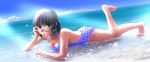  barefoot black_hair breasts brown_eyes casual_one-piece_swimsuit chin_rest cleavage dutch_angle glasses gunparade_orchestra leg_up lying making ocean on_stomach one-piece_swimsuit short_hair solo submerged swimsuit tanoue_yukari water wavy_hair 