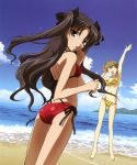  2girls absurdres arm_up ass barefoot beach bikini black_hair bow brown_hair closed_eyes cloud fate/stay_night fate_(series) fujii_maki fujimura_taiga green_eyes hair_bow highres long_hair looking_back multiple_girls ocean open_mouth red_bikini short_hair side-tie_bikini sky striped striped_bikini striped_swimsuit swimsuit swimsuit tohsaka_rin toosaka_rin twintails very_long_hair water 