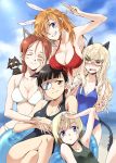  5girls agahari animal_ears armpits bikini blonde_hair blue_eyes blush breast_rest breasts breasts_on_head brown_eyes brown_hair cat_ears cat_tail charlotte_e_yeager cleavage closed_eyes crossed_legs dog_ears erica_hartmann eyepatch glasses grin lens_flare long_hair minna-dietlinde_wilcke multiple_girls one-piece_swimsuit perrine_h_clostermann rabbit_ears redhead sakamoto_mio silhouette_demon sitting sky smile strike_witches swimsuit tail wink yellow_eyes 