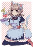  1girl :o alternate_costume animal_ear_headwear animal_ears animal_hands apron bangs black_dress black_legwear blunt_bangs border bow bowtie breasts cat_ear_hairband commentary danganronpa_(series) danganronpa_2:_goodbye_despair dress drink enmaided esu_(tasoesu) fake_animal_ears fake_tail flipped_hair frilled_apron frills full_body galaga gloves hairband highres holding holding_tray light_brown_hair maid medium_breasts name_tag nanami_chiaki open_mouth paw_gloves pink_bow pink_bowtie pink_eyes pink_footwear red_background short_hair short_sleeves simple_background solo spaceship_hair_ornament striped striped_background symbol-only_commentary tail teeth thigh-highs translated tray upper_teeth white_apron white_background white_gloves white_hairband 