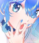  1girl blue_eyes blue_hair blue_nails eyes_visible_through_hair hololive hoshimachi_suisei komipe512 lips solo star_(symbol) teeth tongue 