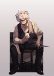  1boy absurdres animal_ears arknights bags_under_eyes bear_boy bear_ears bishounen chair eyebrows_visible_through_hair full_body highres ice if_f jaye_(arknights) jewelry knife male_focus necklace ring ring_necklace shoes short_hair sitting sleepy solo stool vest violet_eyes white_hair 