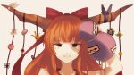  1girl absurdres bangs bow commentary gourd grey_eyes hair_bow highres horn_bow horn_ornament horns ibuki_suika long_hair looking_at_viewer oni_horns orange_hair purple_bow red_bow red_ribbon ribbon smile solo somei_ooo touhou white_bow 