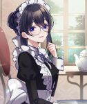  1girl alternate_costume bespectacled black_hair blush dress enmaided frilled_hairband frills glasses hair_bun hairband highres idolmaster idolmaster_cinderella_girls indoors ja_nwz juliet_sleeves light_smile long_sleeves looking_at_viewer maid maid_headdress pinafore_dress puffy_sleeves round_eyewear sagisawa_fumika solo sunlight teapot upper_body window wrist_cuffs 