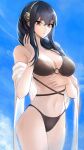  1girl alternate_hairstyle bangs bare_shoulders bikini black_hair blush breasts gold_hairband hair_down hairband highres jacket jewelry large_breasts long_hair off_shoulder red_eyes sidelocks solo spy_x_family swimming swimsuit tommy_(kingdukeee) undefined yor_briar 