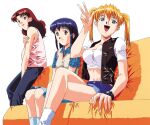  1990s_(style) 3girls arm_grab bangs blue_eyes blue_hair couch crop_top denim denim_shorts eyebrows_visible_through_hair feet_out_of_frame lipstick long_hair looking_at_viewer makeup mary_kenjitt midriff mitsusawa_haruka multiple_girls non-web_source official_art on_couch open_mouth orange_hair photoshop_(medium) pink_shirt plaid plaid_skirt red_lips redhead refrain_love_2 retro_artstyle shirt short_shorts short_sleeves shorts simple_background sitting skirt sleeveless sleeveless_jacket sleeveless_shirt takigawa_kazuo twintails vest w watch white_background yakabe_youko 