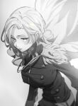  1girl breasts cape chinese_commentary epaulettes from_above grey_background greyscale hair_behind_ear highres jacket longlong_(drasdr7513) looking_at_viewer looking_up medium_breasts medium_hair monochrome original smile solo walking 