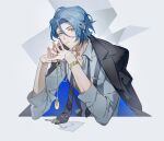  1boy black_jacket black_necktie blue_hair bracelet closed_mouth collared_shirt earclip elbows_on_table ensemble_stars! expressionless hair_strand highres himeru_(ensemble_stars!) interlocked_fingers jacket jacket_on_shoulders jewelry laoelaoee looking_at_viewer male_focus necktie paper partially_unbuttoned pendant pendant_removed print_necktie shirt short_hair solo suspenders tie_clip undone_necktie upper_body white_background white_shirt yellow_eyes 