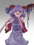  1girl absurdres bare_shoulders breasts chocolate detached_sleeves dress fangs food food_on_face gradient gradient_background grey_background hand_up highres horizontal_pupils horns kaden_(muxt8423) open_mouth pointy_ears red_eyes sharp_teeth short_hair simple_background solo spoon teeth touhou toutetsu_yuuma 