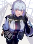  1girl 3_small_spiders absurdres ammunition_belt bangs black_bodysuit black_shorts blush bodysuit breasts commentary defy_(girls&#039;_frontline) eyebrows_visible_through_hair feet_out_of_frame girls_frontline hair_ornament hairclip harness highres index_finger_raised large_breasts leaning_forward looking_at_viewer open_mouth rpk-16_(girls&#039;_frontline) short_hair shorts simple_background smile solo standing tactical_clothes teeth upper_teeth violet_eyes wide_sleeves 