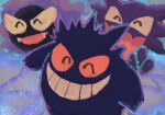  ^_^ amaya_uw closed_eyes commentary_request evolutionary_line fangs gastly gengar glowing grin happy haunter highres no_humans pokemon pokemon_(creature) smile teeth 