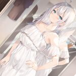  1girl absurdres ahoge alisa_mikhailovna_kujou aqua_eyes blush collarbone detached_sleeves doyagao dress dutch_angle full-length_mirror grey_hair hand_on_hip highres indoors long_hair looking_at_viewer momoko_(momopoco) reflection silhouette smug solo tokidoki_bosotto_roshia-go_de_dereru_tonari_no_arya-san white_dress 