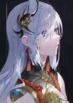  1girl bangs black_background chromatic_aberration eyebrows_visible_through_hair from_side genshin_impact grey_hair hair_ornament highres long_hair open_mouth retty2706 shenhe_(genshin_impact) simple_background solo upper_body violet_eyes 