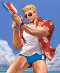  1boy absurdres ass_visible_through_thighs biceps blonde_hair clouds cloudy_sky collared_shirt day floral_print glasses highres looking_to_the_side male_focus male_swimwear manly mature_male muscular muscular_male nez open_clothes open_shirt overwatch shirt sky soldier:_76_(overwatch) solo spiky_hair sunglasses swim_briefs t-shirt thick_eyebrows tight watch water_gun 