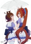  2girls absurdres afterimage agnes_tachyon_(umamusume) ahoge animal_ears artist_name bag bangs blush breasts brown_hair closed_mouth daiwa_scarlet_(umamusume) earrings eye_contact hand_on_own_chin highres holding holding_umbrella horse_ears horse_girl horse_tail jewelry long_hair looking_at_another medium_breasts medium_hair motion_lines multiple_girls puffy_short_sleeves puffy_sleeves purple_shirt rain red_eyes sailor_collar school_bag school_uniform shared_umbrella shirt short_sleeves single_earring skirt smile stroking_own_chin tail thigh-highs tiara tracen_school_uniform transparent transparent_umbrella twintails umamusume umbrella wet wet_hair white_legwear white_skirt zetsuyo_chimayo 