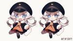  1girl animal_ears black_headwear black_jacket blue_eyes chibi clenched_hands commission coojisan dress english_commentary eyebrows_visible_through_hair franziska_van_wulfen fur_trim indie_virtual_youtuber jacket long_hair low_twintails multiple_views open_hands open_mouth orange_dress pout second-party_source sharp_teeth smile teeth twintails virtual_youtuber white_background 