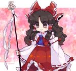  1girl ascot bare_shoulders blue_ascot border bow brown_eyes brown_hair closed_mouth collared_vest commentary_request detached_sleeves flower frilled_bow frills gohei hair_bow hair_tubes hakurei_reimu harunori_(hrnrx) holding long_hair long_sleeves pink_background red_bow red_skirt red_vest ribbon-trimmed_skirt ribbon-trimmed_sleeves ribbon_trim sidelocks skirt smile solo touhou very_long_hair vest wavy_hair white_border white_sleeves wide_sleeves 