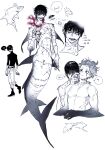  2boys ? annoyed bags_under_eyes black_hair black_nails black_sclera black_sweater blood colored_sclera completely_nude dorsal_fin ear_piercing earrings facial_mark fins full_body gills grin highres jewelry korean_text looking_at_another looking_at_viewer male_focus manta_ray merman monochrome monster_boy multiple_boys multiple_earrings multiple_views nude original piercing pigeon666 scar scar_across_eye scar_on_arm scar_on_chest scar_on_face scar_on_hand scar_on_mouth scar_on_neck scar_on_stomach shark shark_boy shark_fin sharp_teeth short_hair sleeves_pushed_up slit_pupils smile spoken_squiggle squiggle sweater teeth thought_bubble too_many_scars turtleneck turtleneck_sweater upper_body yellow_eyes 