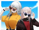  2girls artist_name bangs belt black_nails blue_sky braid braided_ponytail breasts brown_jacket casual closed_mouth darkpulsegg english_commentary eyebrows_visible_through_hair eyepatch girls_frontline grey_hair hand_on_eyewear jacket licking_lips lips long_hair looking_at_viewer m16a1_(girls&#039;_frontline) m200_(girls&#039;_frontline) medium_breasts multiple_girls nail_polish open_clothes open_jacket open_mouth parted_lips red_nails red_shirt shirt simple_background sky small_breasts smile sunglasses teeth_hold tongue tongue_out turtleneck upper_body violet_eyes yellow_eyes yellow_shirt 