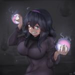  1girl arms_up breasts dress grin hairband hex_maniac_(pokemon) highres holding holding_poke_ball large_breasts poke_ball pokemon pokemon_(game) pokemon_xy pururin_2000 smile 