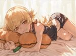  1girl absurdres backlighting bakemonogatari bare_legs bare_shoulders blonde_hair donut_pillow fang green_bracelet highres long_hair looking_at_viewer lying monogatari_(series) on_bed on_stomach oshino_shinobu pajamas pillow pointy_ears shorts simple_background skin_fang solipsist solo tank_top yellow_eyes 