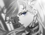  1girl bangs blue_eyes chinese_commentary collar earrings from_side hair_behind_ear highres jewelry light_particles long_hair longlong_(drasdr7513) looking_at_viewer monochrome parted_lips solo spot_color vesperbell virtual_youtuber yomi_(vesperbell) 