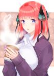  1girl :o absurdres bangs blush breasts cardigan coffee_cup cup disposable_cup eyebrows_visible_through_hair go-toubun_no_hanayome hair_ribbon highres holding holding_cup kzm_(cookie-eluza) long_hair looking_at_viewer medium_breasts nail_polish nakano_nino open_cardigan open_clothes open_mouth purple_cardigan purple_nails redhead ribbon school_uniform shirt simple_background solo upper_body violet_eyes white_shirt 