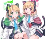  2girls animal_ear_headphones bangs blonde_hair blue_archive blue_necktie bow cat_ear_headphones cat_tail coi_uota collared_shirt green_eyes hair_bow halo headphones hood hooded_jacket jacket long_sleeves looking_at_viewer midori_(blue_archive) momoi_(blue_archive) multicolored_clothes multicolored_jacket multiple_girls necktie parted_bangs red_eyes shirt shorts siblings sisters tail thigh-highs twins wide_sleeves 